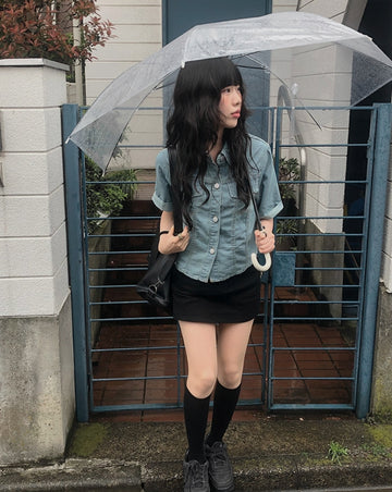Sky Crop Denim Short Sleeve Shirt